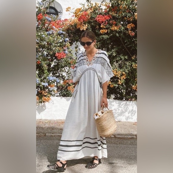 ZARA Sz M-L Gauzy Drawstrings Tassels Beaded V-Neck Striped Maxi Dress NEW - Picture 2 of 13